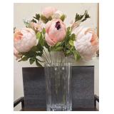 8.5" Marquis by Waterford Crystal, Oval, Ribbed Vase With Peach Colored Silk Peonies.