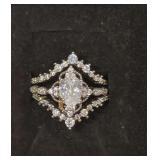 Vintage-Style Sterling Silver Pear-Cut Moissanite Art Deco Bridal Ring Set With a Prominent Teardrop Center Stone and 2 Matching Chevron Wedding Bands. Size 8