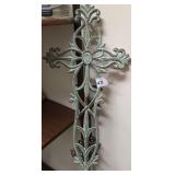 Ornate, Distressed Green Cast-Iron Wall-Hanging Cross With Scrollwork and Fleur-De-Lis Details.10"W x 20"H