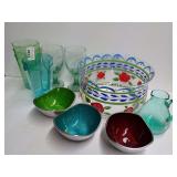 Vintage Glassware including Serving Bowls, Plastic Green Tumblers & More