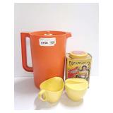 Tupperware Pitcher, Yellow Creamer and Sugar Set, and Duckworths Pure Baking Powder Tin
