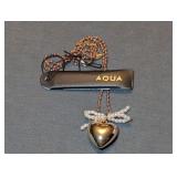 Aqua Gold-Tone Bead Necklace with Heart Pendant and Pearl Bow Accents