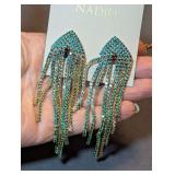 Nadri Crystal Pavé Fringe Dangle Earrings Green and Gold Tone