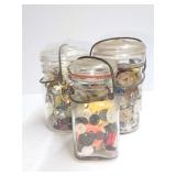 Vintage Glass Canning Jars Filled with Assorted Sewing Buttons