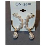 Designer Gold-Tone Simulated Pearl Drop Hoop Earrings