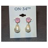 Designer Gold-Tone Pink Faceted Stone and Pearly Drop Earrings