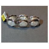 Designer Tower Organic Stretch Faux Pearl Bracelet Silver Tone Metal