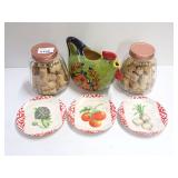Pamela Gladding Certified International Ceramic Rooster Pitcher, Three Botanical Plates, and Two Glass Jars Filled with Wine Corks