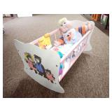 Vintage Wooden Toy Doll Rocking Cradle and Contents