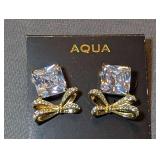 Aqua Square Bow Earring Gold-Tone Crystal Post Earrings