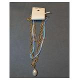 Designer Gold-Tone Mixed Link and Faceted Blue Bead Layered Necklace with Pearl Pendant