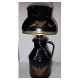 Black Metal Milk Can Table Lamp with Gold Eagle Motif and Matching Shade-Missing screws to hold shade