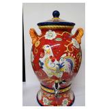 Large Tabletops Gallery Florence Hand Painted Ceramic Rooster Beverage Dispenser with Stand