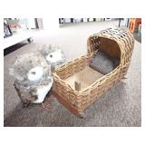 Wicker Doll Bassinet Cradle with Hood and Two Faux Fur Owl Figures