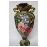 Large Ceramic Handled Moriage Vase with Floral and Gilded Motifs