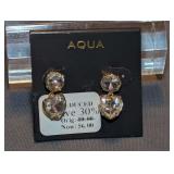 Aqua Crystal Drop Earrings Gold Tone Round and Heart Shaped Stones