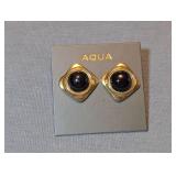 Aqua Gold-Tone Square Post Earrings with Dark Cabochon Stones NWT