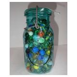 Vintage Aqua Glass Fruit Jar Filled with Assorted Marbles
