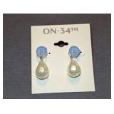 Designer Gold-Tone Blue Stone and Faux Pearl Drop Earrings