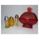 Vintage Red Glass Covered Dish and Yellow Glass Shakers