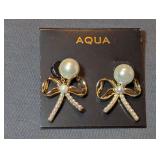 AQUA Gold-Tone Pearl Bow Earrings New on Card