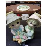 Precious Moments Figurine Set with Wooden Stool and Bluebird Wall Plaque