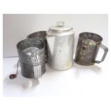 Aluminum Percolator Coffee Pot and Three Metal Flour Sifters
