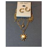 Designer Gold-Tone Multi-Chain Heart Necklace and Hoop Earring Set