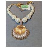 Designer Faux Pearl Necklace with Gold-Tone Shell Pendant and Pavé Bail