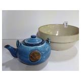 Glazed Stoneware Mixing Bowl & Ceramic Tea Kettle Filled with Penny Sleeves