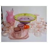 Assorted Pink Depression Glassware, Colored Art Glass Centerpiece Bowl, and More
