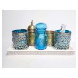 Bella Lux Decorative Ceramic Tray with Rhinestone Trim & Blue Glass and Silverplate Cream/Sugar