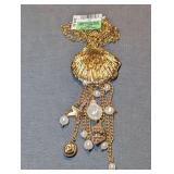 Designer Gold Tone Seashell and Pearl Fringe Necklace with Tags