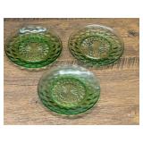Set of 3 Green Uranium Glass Diamond Pattern Small Plates Saucers