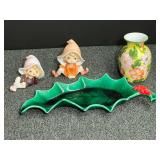 Assorted home decor to include figurines, decorative vase, and ceramic seasonal leaf dish. Four pieces total, see pictures for details.