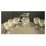 Vintage drink set with etched glass pitcher, and matching stemmed goblets. Believed to be vintage Bartlett Collins. See pictures for details.