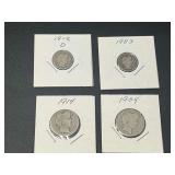 Assorted United States Barber Dimes and Quarters Set of Four with 1903 1909 1912-D and 1914 Dates