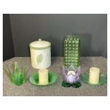 Candle/tea light candle holders, cylinder vase, also includes a hand painted canister with lid, see pictures for details.