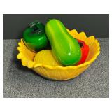 Vintage Murano-style hand-blown glass fruits and vegetables, comes with a lovely “sunflower” bowl, see pictures for details.