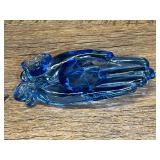Blue Glass Hand Dish with Floral Motif and Uranium Glow
