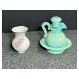Home decor to include a vintage Avon Victoriana miniature marbled green and blue milk slag glass pitcher and basin set featuring an embossed rose pattern and stopper, also includes a vintage Dresden p