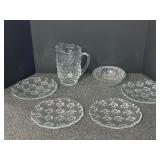 Vintage clear glass pitcher featuring a stacked cube or block pattern, believed to be Fostoria American or Indiana Glass, also includes vintage lunch plates, and more. Six pieces total, see pictures f