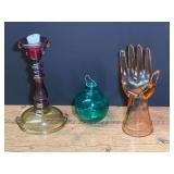 Assorted Art Glass Collection Including Candlestick holder, believed to be vintage Imperial glass double scroll iridescent carnival glass, blue glass fishing float/orb, and a vintage glass hand sculpt