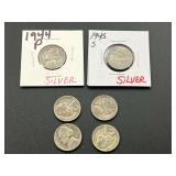 Lot of Six World War II Era Silver Jefferson Nickels 1942-1945