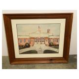 Framed Watercolor Painting of Red Brick Schoolhouse Building Signed Rosemary