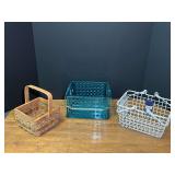 Plastic caddy, coated wire caddy, and collectible basket. See pictures for details.