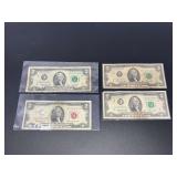 Collection of Four United States Two Dollar Banknotes Including Series 1963 Red Seal and Series 1976 Green Seal Federal Reserve Notes