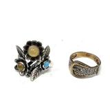 Lot of Two Rings: Floral Multigem Cluster Ring and Belt Buckle Ring