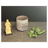 Lovely glass planter, vintage alabaster and marble-composite replica figurine of Michelangelo