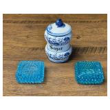 Blue and White Onion Pattern Sugar Jar with Two Blue Hobnail glass salt cellars/votive candle holders, believed to be Fenton.